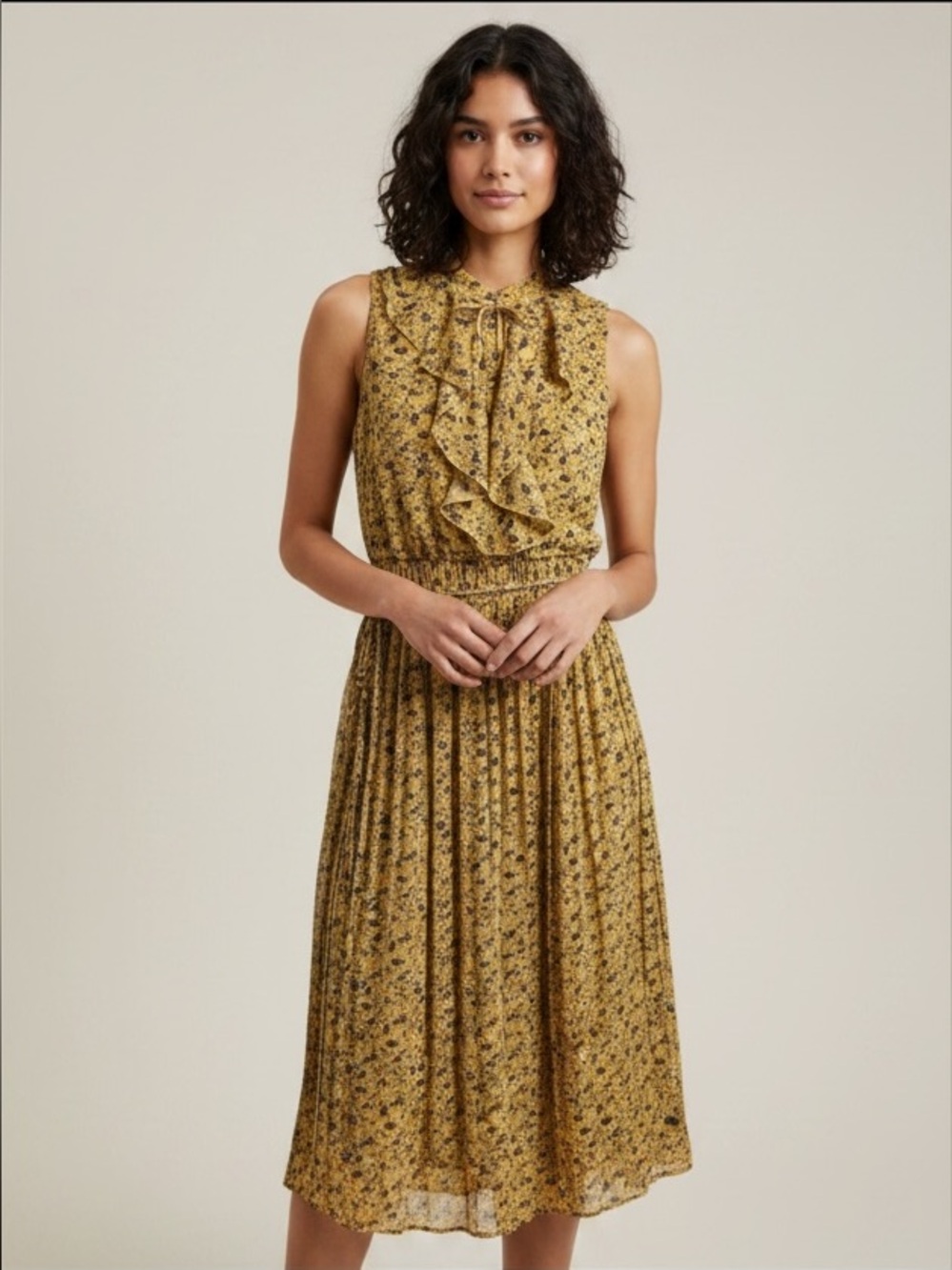 Free People Women’s Sleeveless Yellow Floral Ruffle Midi Dress Size XS